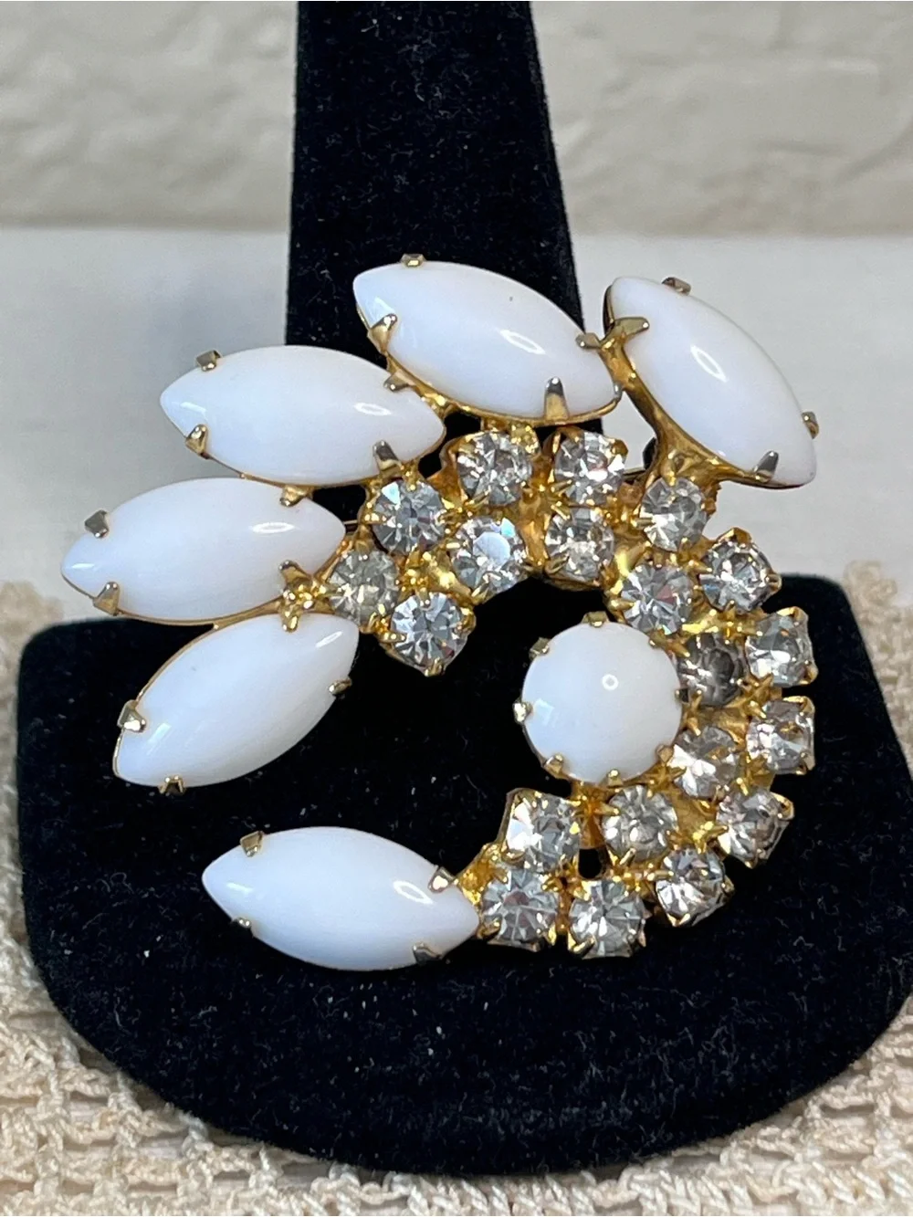 Vintage Milk Glass Rhinestone Crescent Brooch White Gold Tone MCM